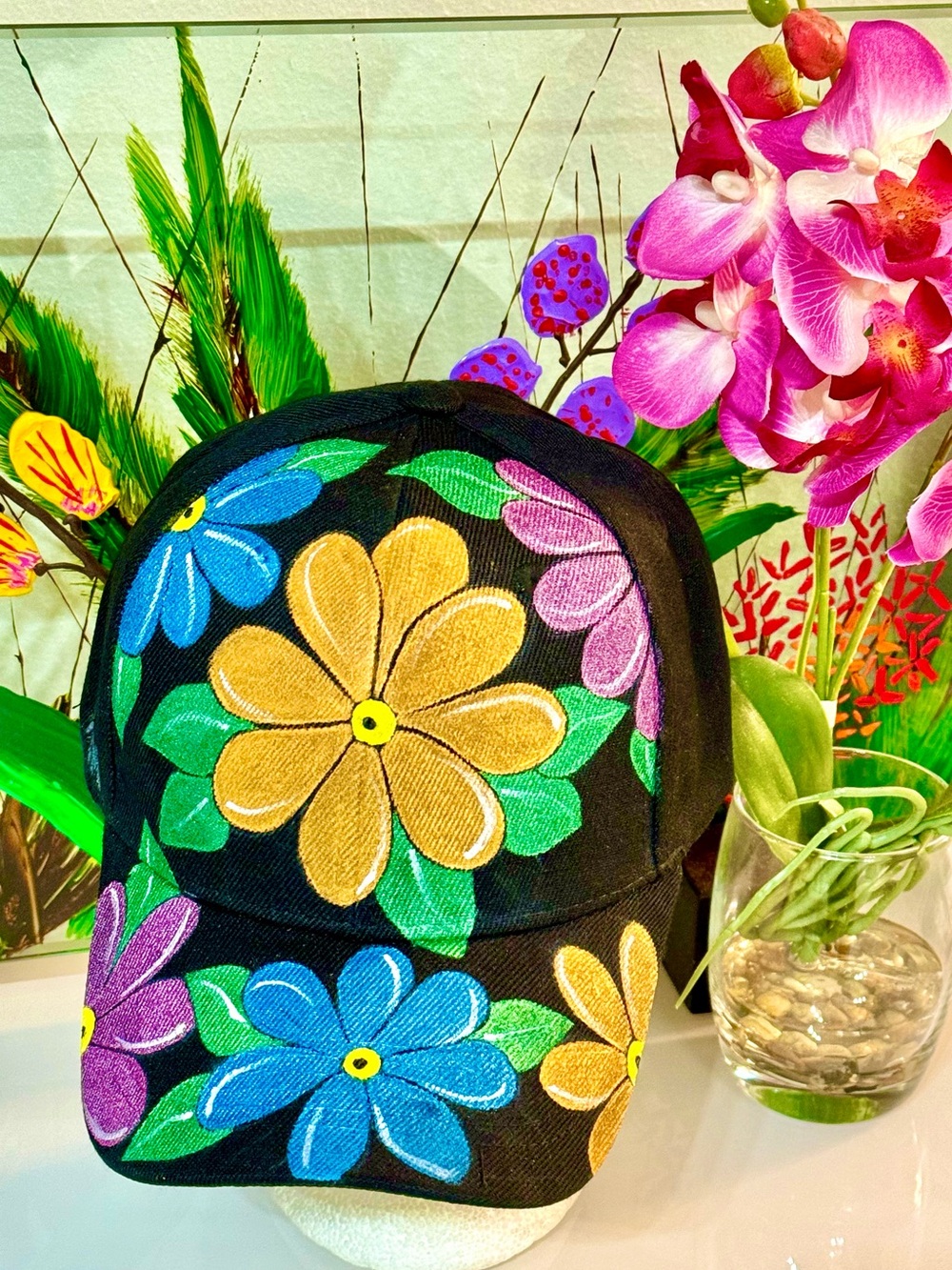 Black Floral Painted Baseball Cap - Multicolor Flower Print - Picture 5 of 13